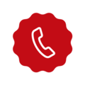 Rdeča telefonska slušalka na belem ozadju v okroglem znaku.